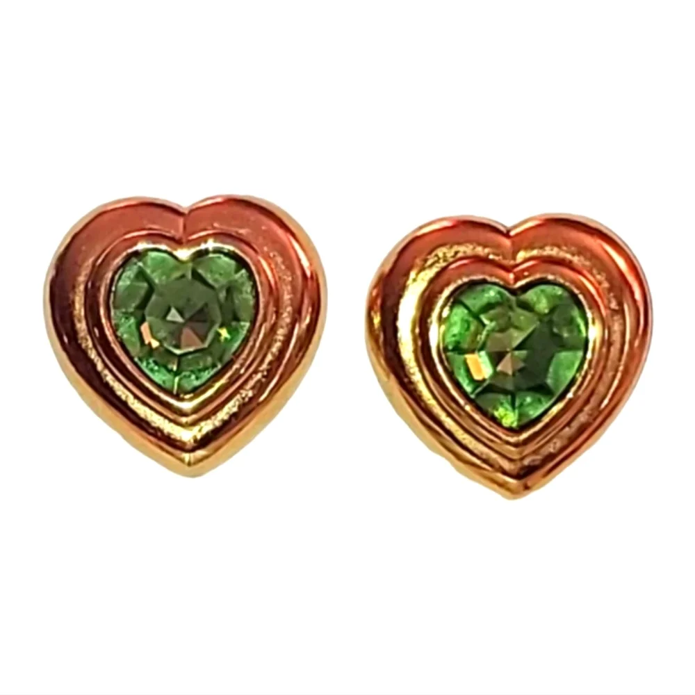 Chunky Emerald Green & Gold Tone Heart Earrings ¾